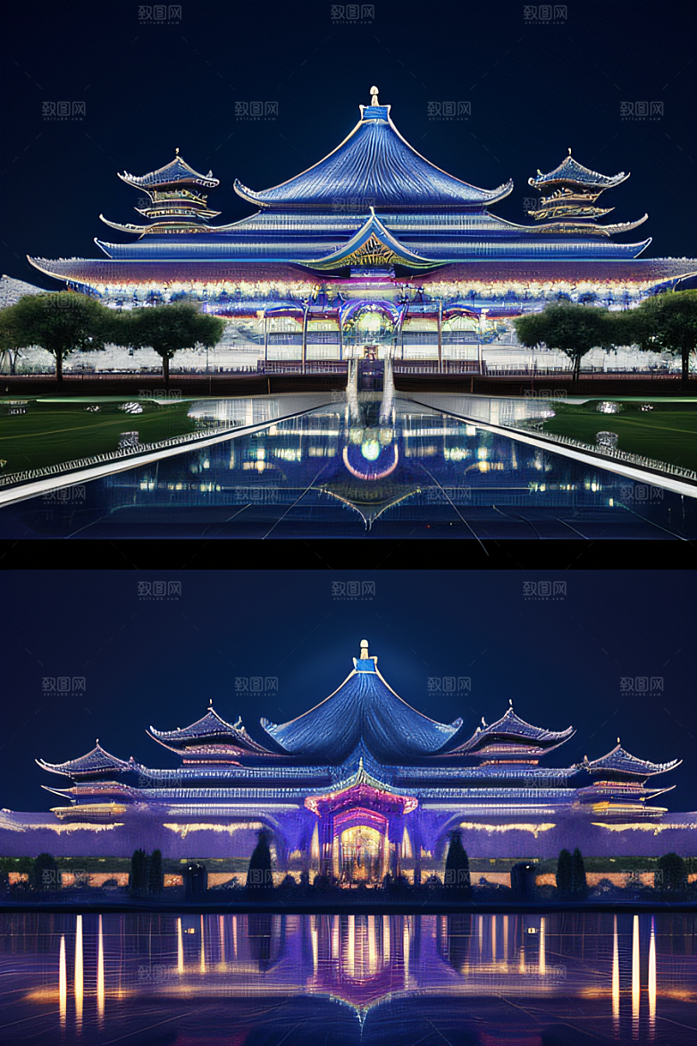 中国水晶宫殿银色月光下的瑰丽光芒