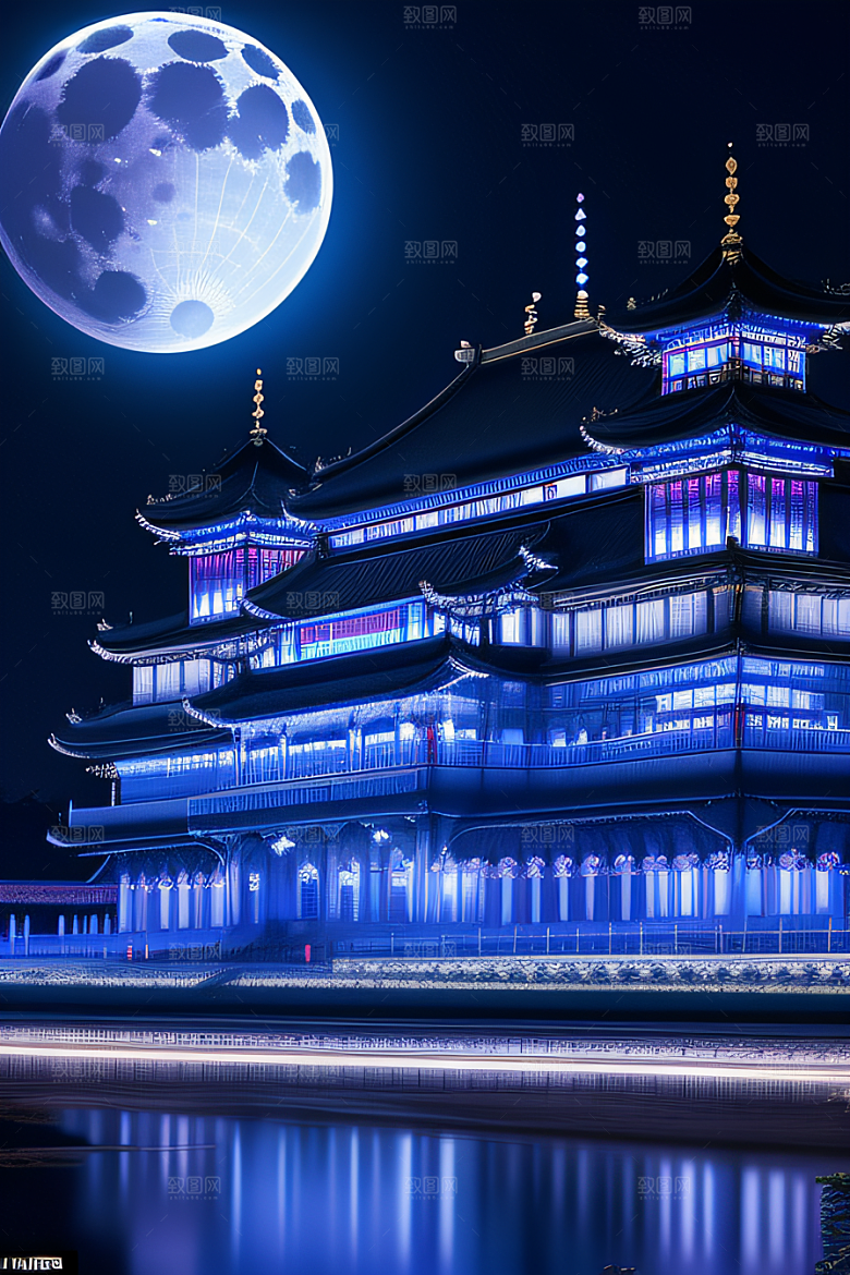 中国水晶宫殿银色月光下的瑰丽光芒