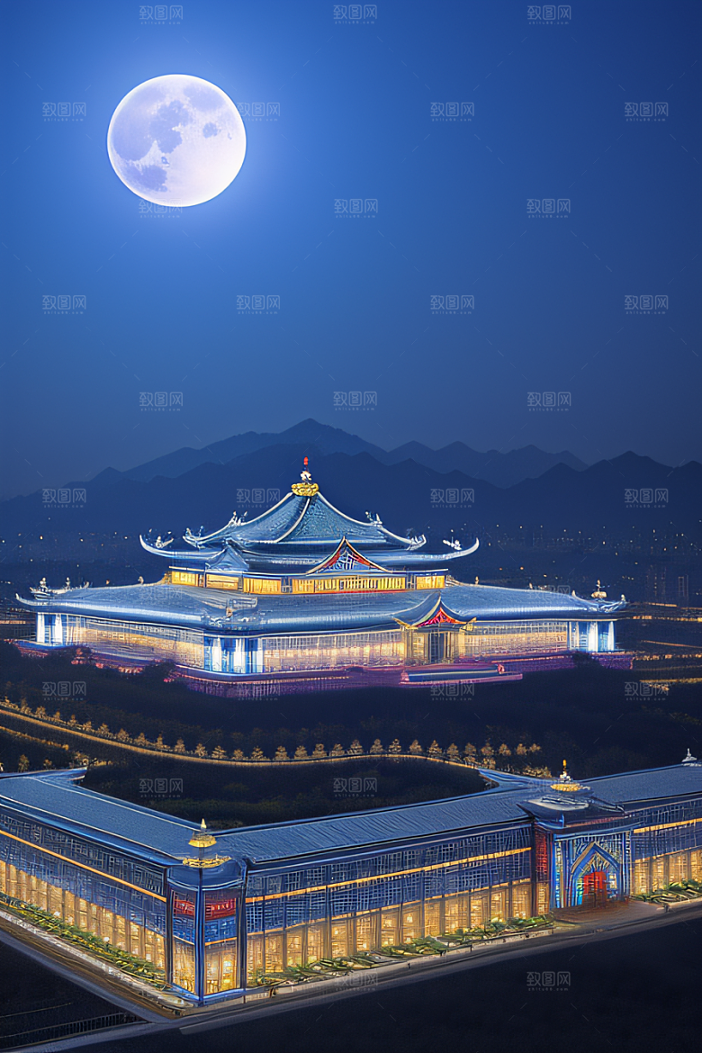 中国水晶宫殿银色月光下的瑰丽光芒