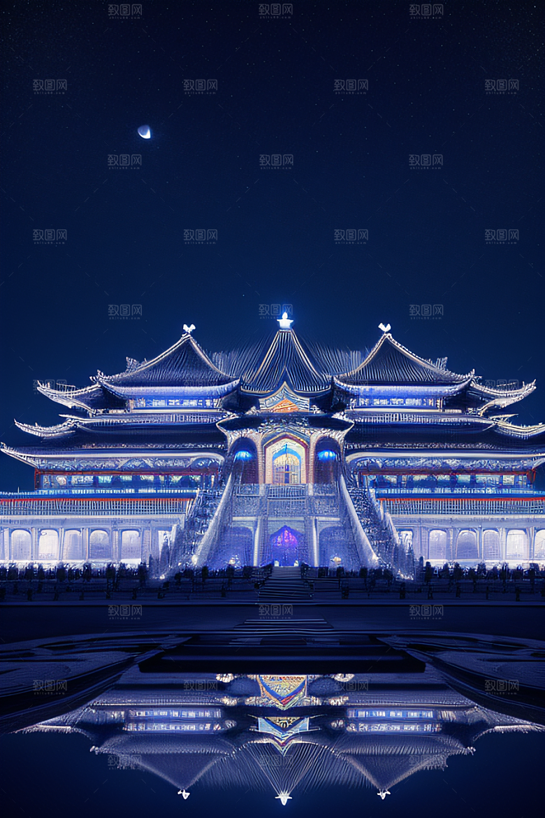 中国水晶宫殿银色月光下的瑰丽光芒