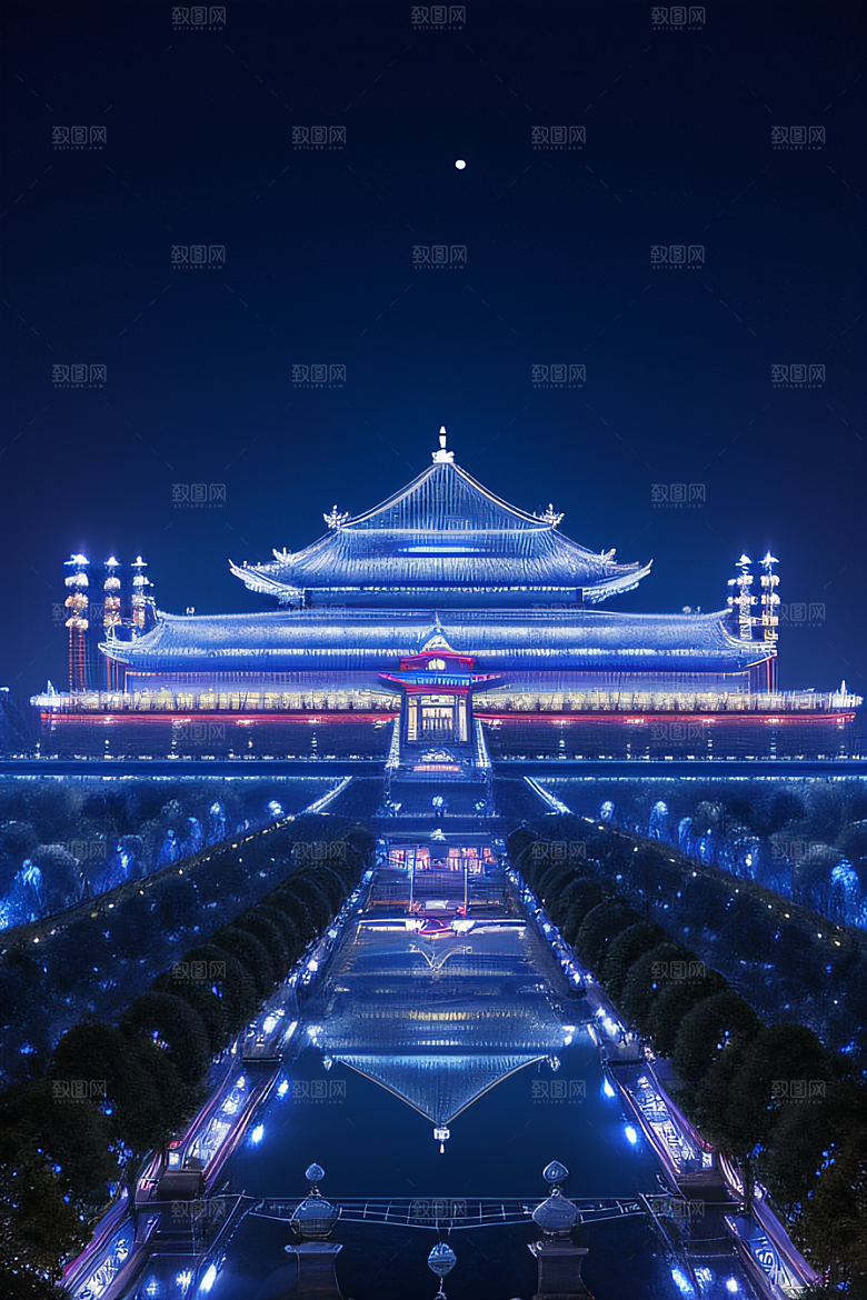 中国水晶宫殿银色月光下的瑰丽光芒