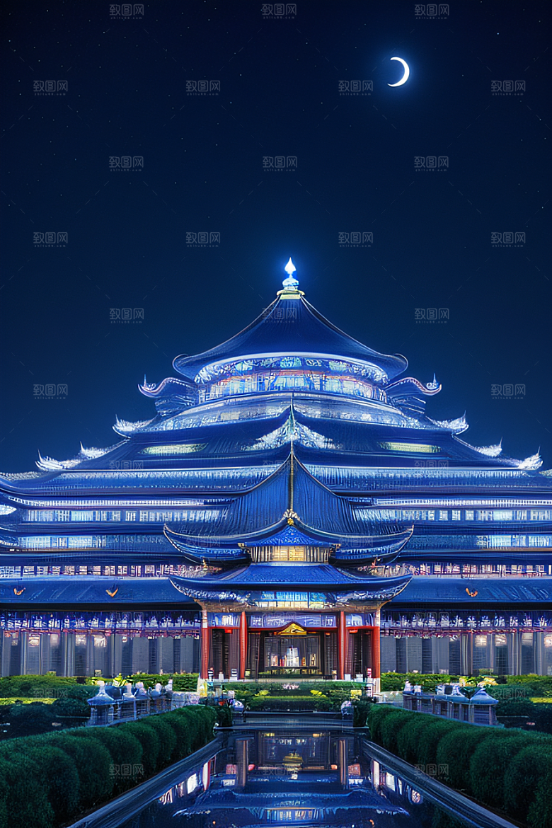 中国水晶宫殿银色月光下的瑰丽光芒