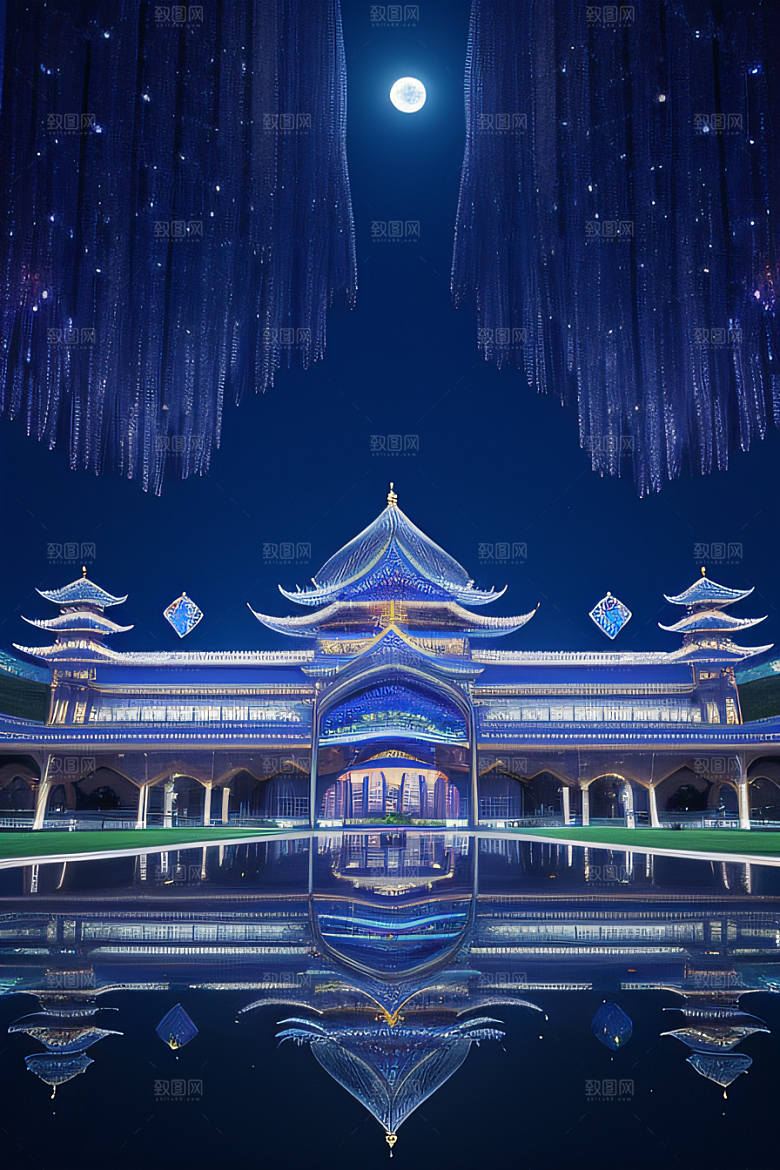 中国水晶宫殿银色月光下的瑰丽光芒