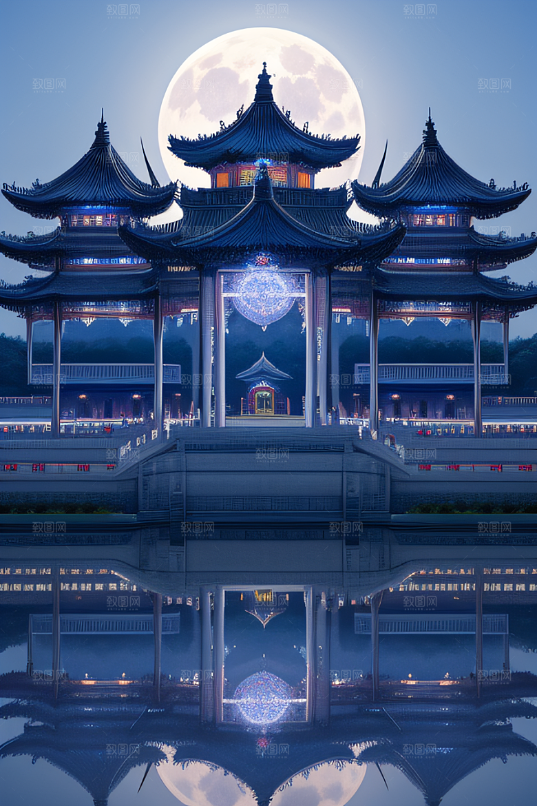 中国水晶宫殿银色月光下的瑰丽光芒