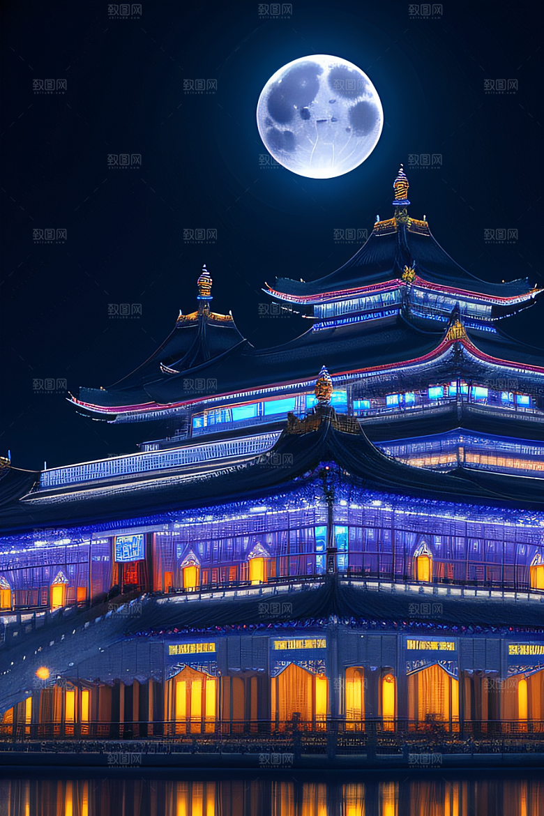 中国水晶宫殿银色月光下的瑰丽光芒