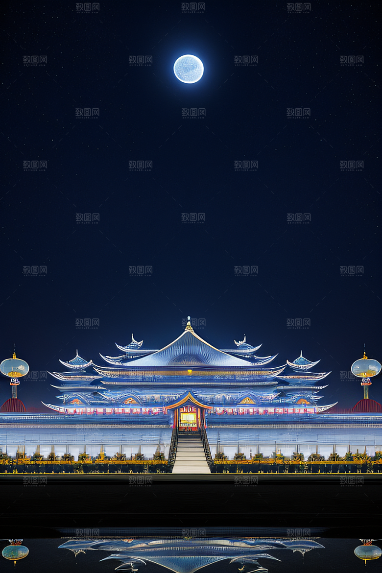 华丽如蓝宝石的宫殿银月照耀下的宝石之光