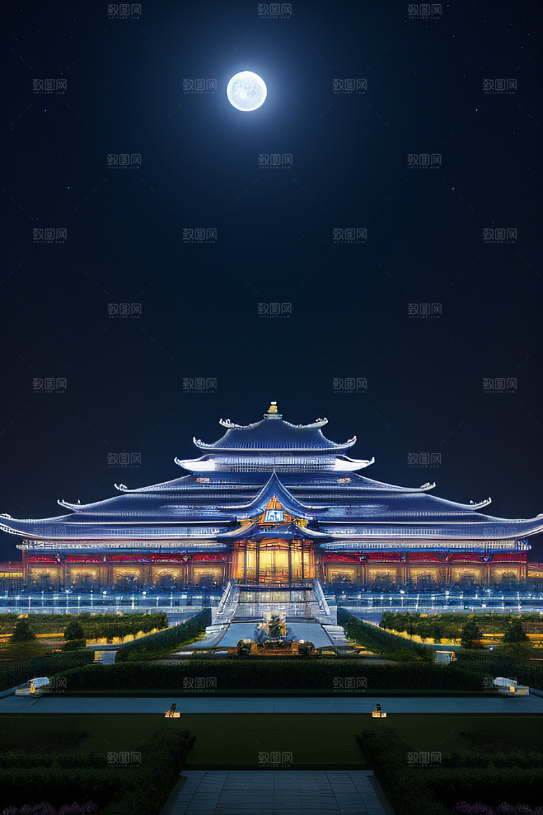 中国透明水晶宫殿银色月光下的璀璨之宫