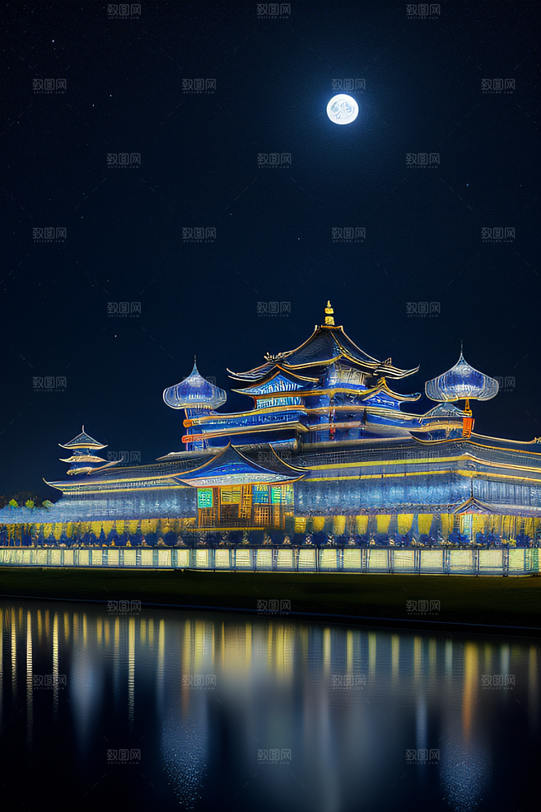 中国透明水晶宫殿银色月光下的璀璨之宫