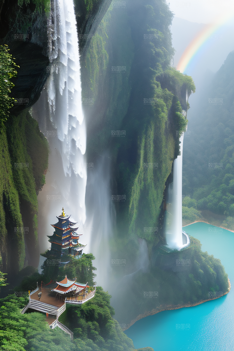 梦幻宫殿瑰丽瀑布水雾缭绕