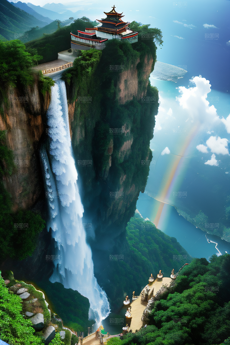 梦幻宫殿瑰丽瀑布水雾缭绕