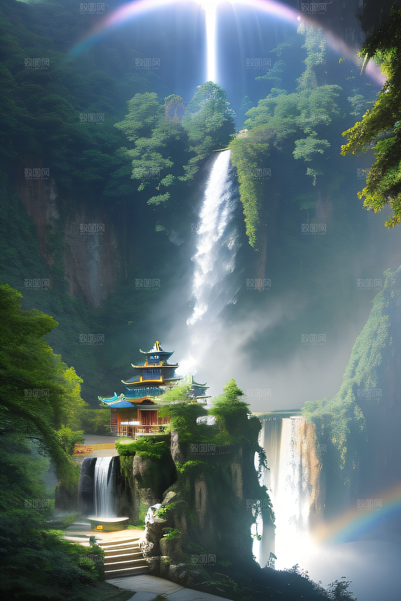 梦幻宫殿瑰丽瀑布水雾缭绕