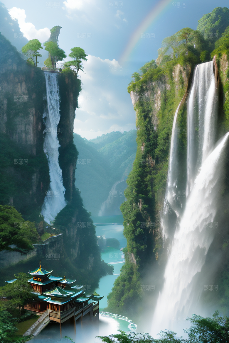 梦幻宫殿瑰丽瀑布水雾缭绕
