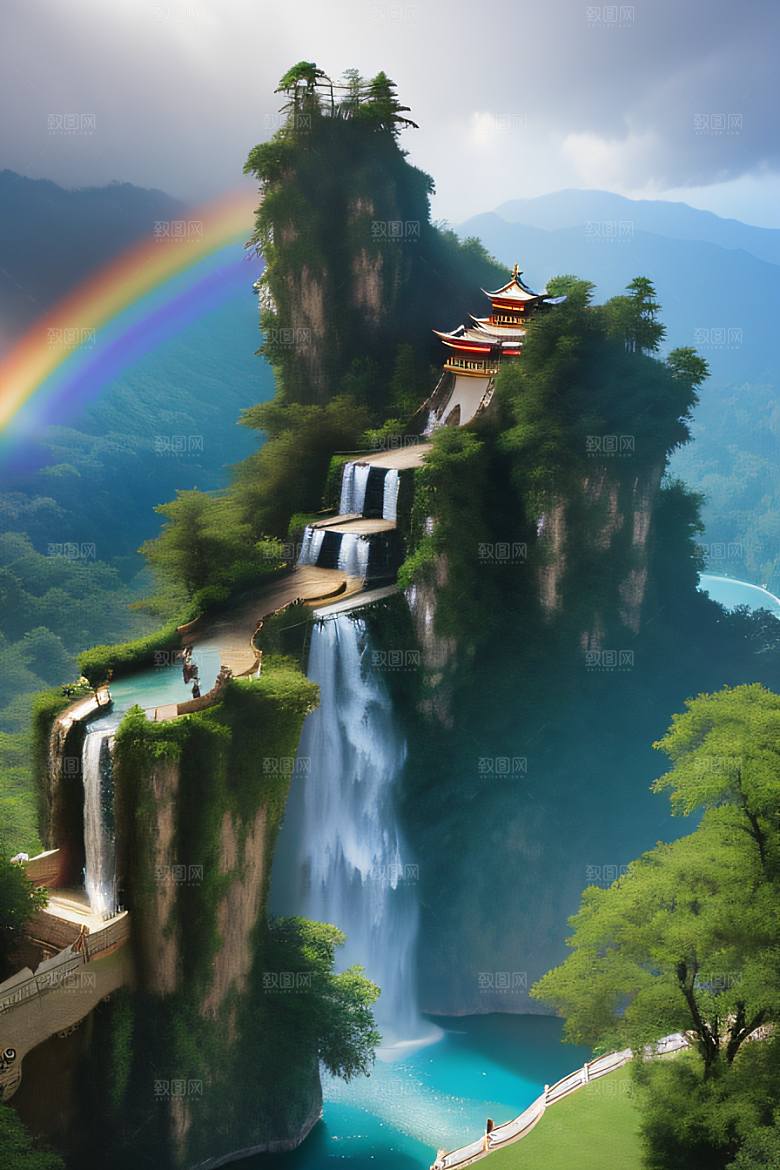 梦幻宫殿瑰丽瀑布水雾缭绕