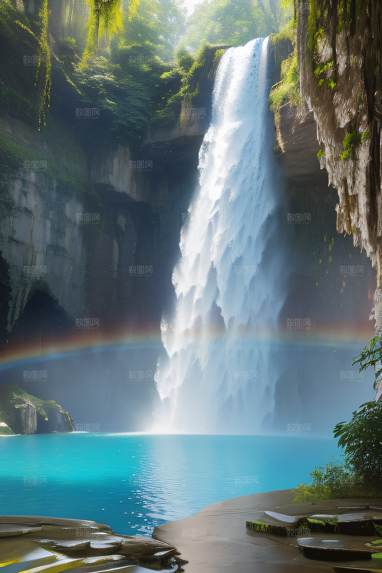 梦幻宫殿瑰丽瀑布水雾缭绕