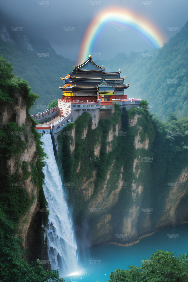 梦幻宫殿瑰丽瀑布水雾缭绕