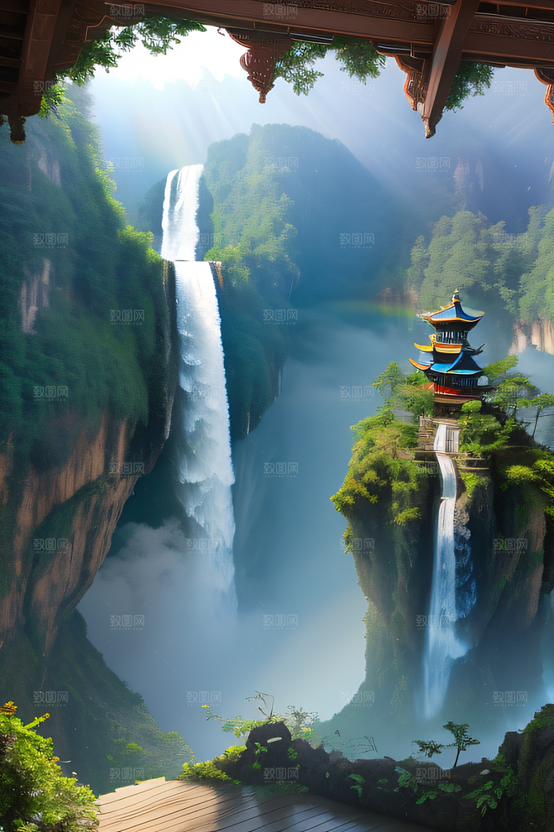 梦幻宫殿瑰丽瀑布水雾缭绕