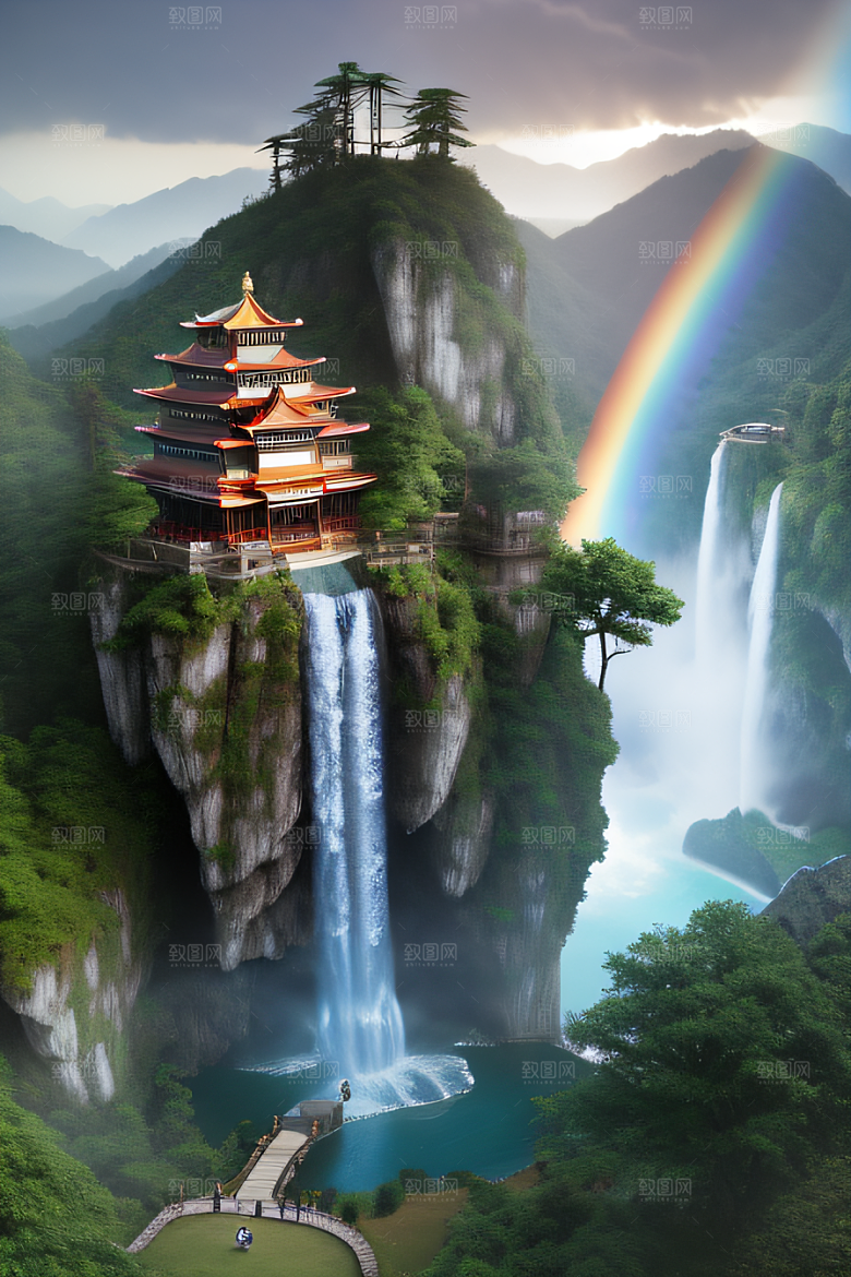 梦幻宫殿瑰丽瀑布水雾缭绕