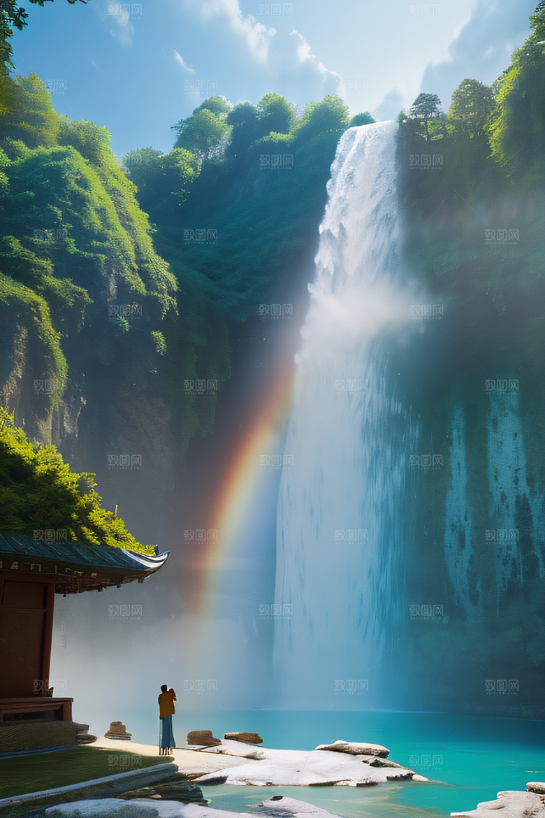 梦幻宫殿瑰丽瀑布水雾缭绕