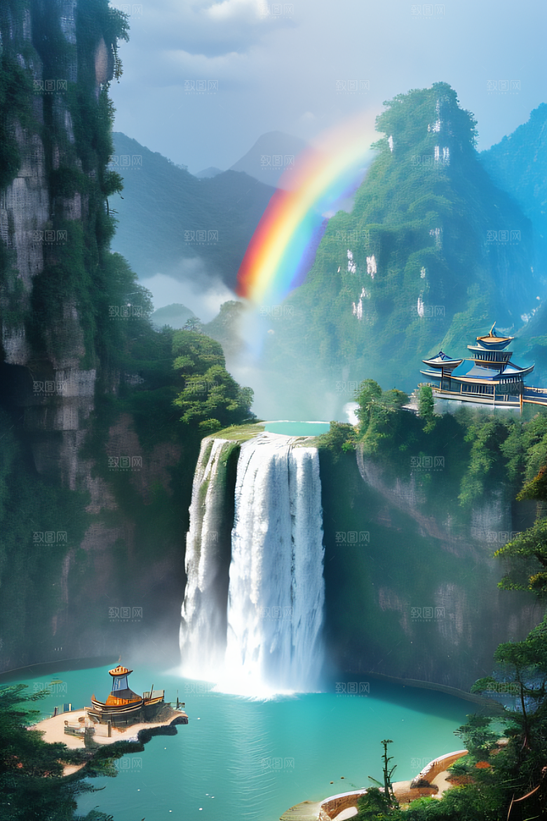 梦幻宫殿瑰丽瀑布水雾缭绕