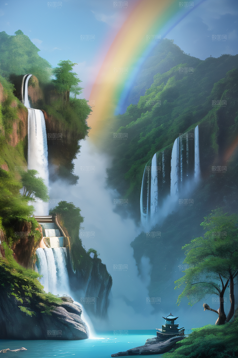 梦幻宫殿瑰丽瀑布水雾缭绕