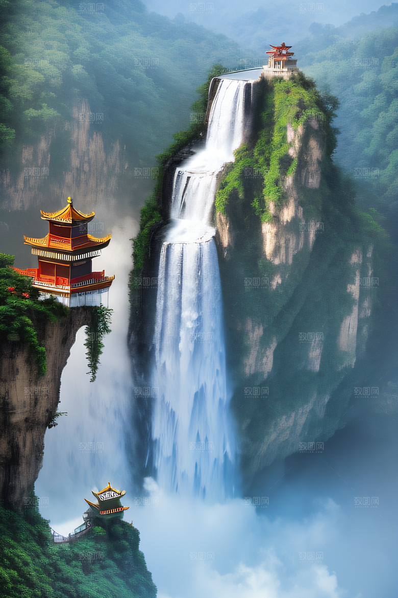 梦幻宫殿瑰丽瀑布水雾缭绕