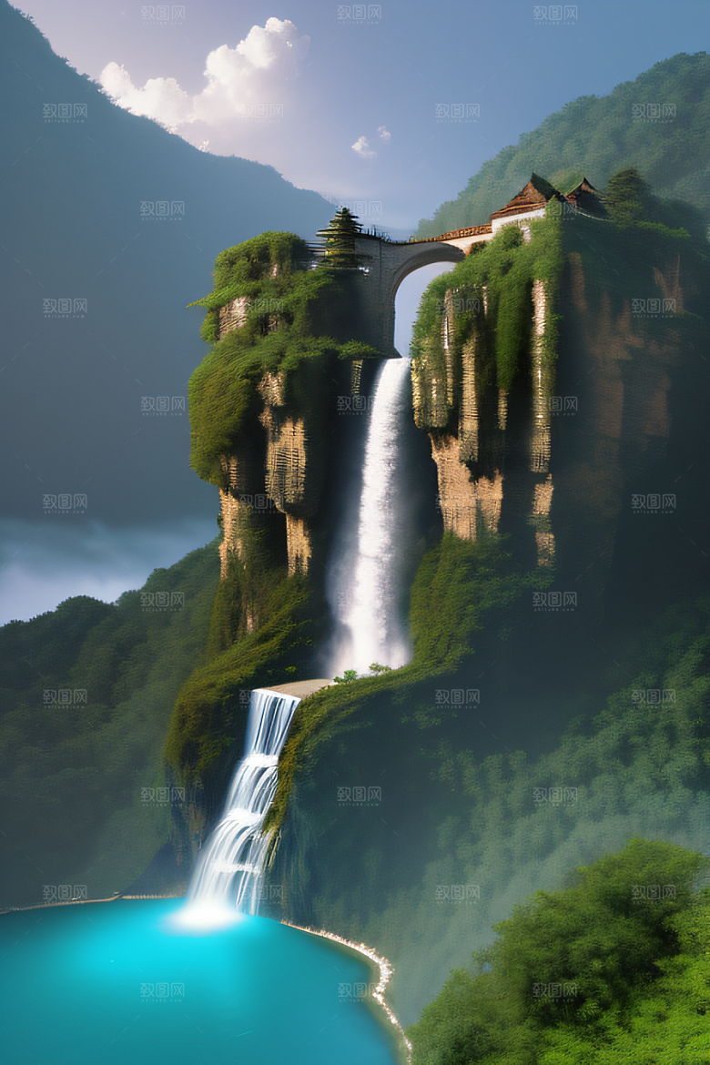 梦幻宫殿瑰丽瀑布水雾缭绕