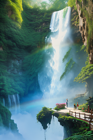 巨峭悬崖中国宫殿彩虹瀑布