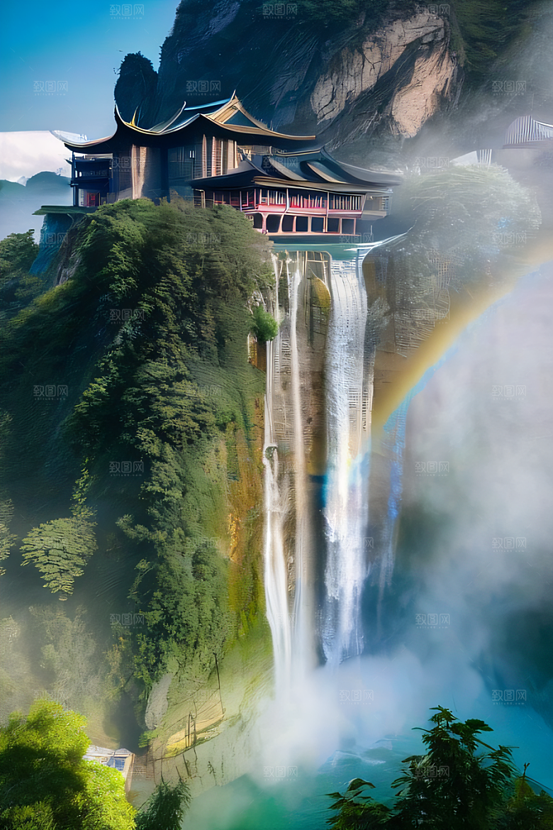梦幻宫殿瑰丽瀑布水雾缭绕