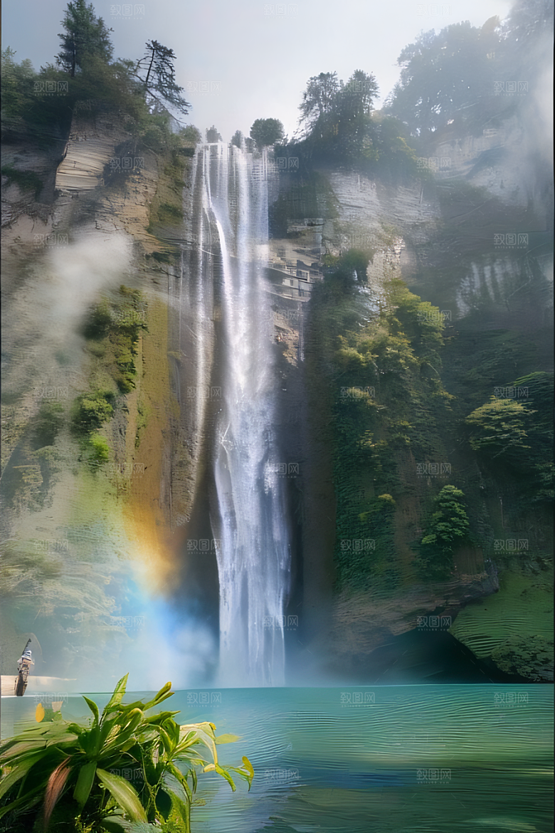 梦幻宫殿瑰丽瀑布水雾缭绕