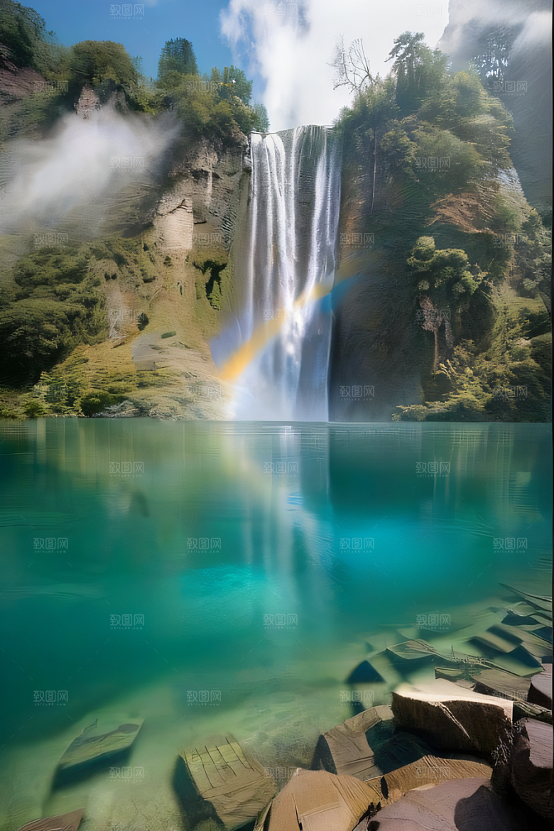 梦幻宫殿瑰丽瀑布水雾缭绕
