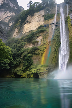 巨峭悬崖中国宫殿彩虹瀑布