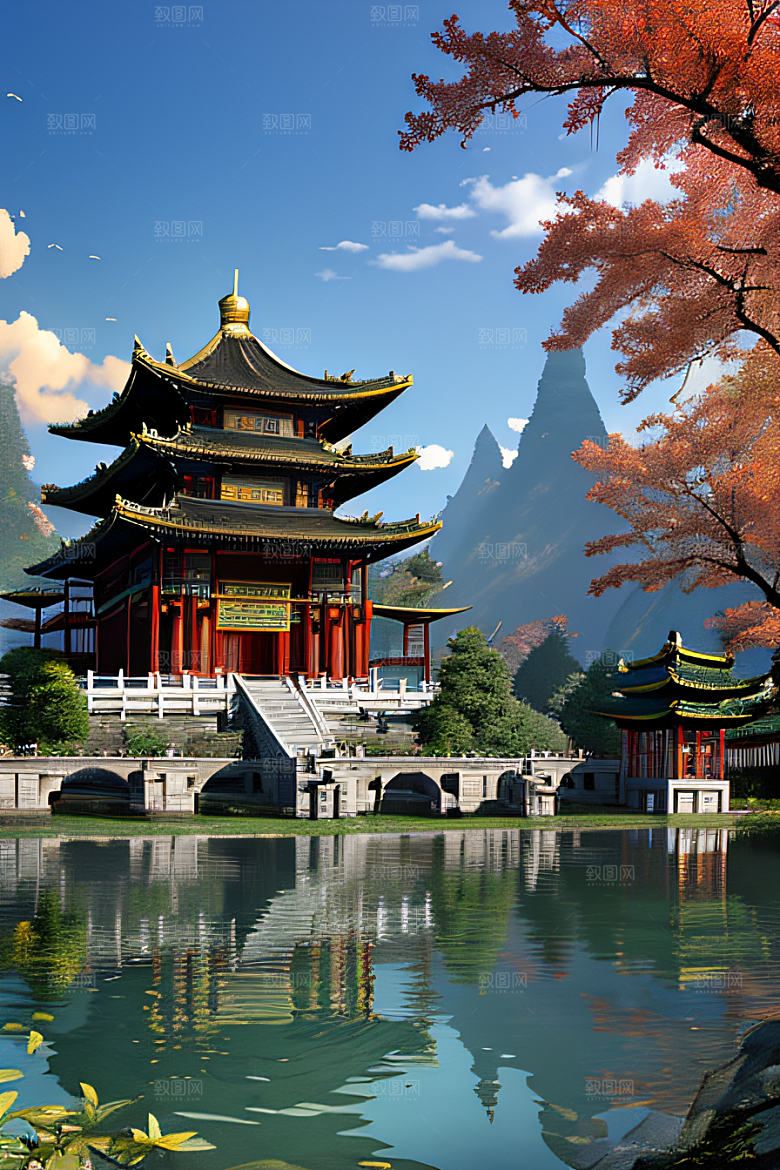 梦幻般的秋日古村景观
