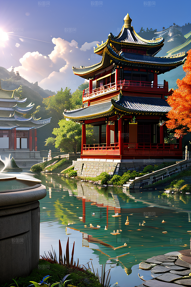 梦幻般的秋日古村景观