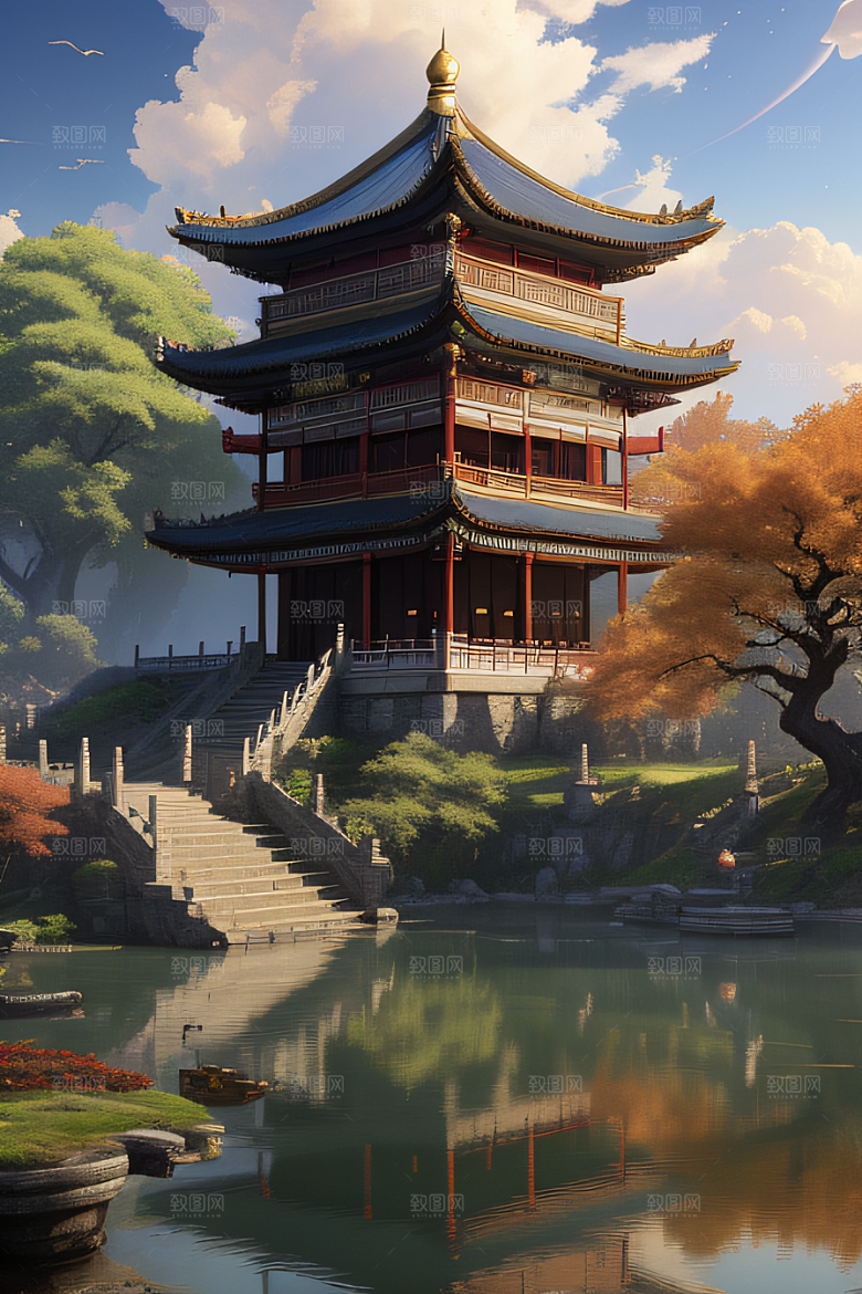 梦幻般的秋日古村景观