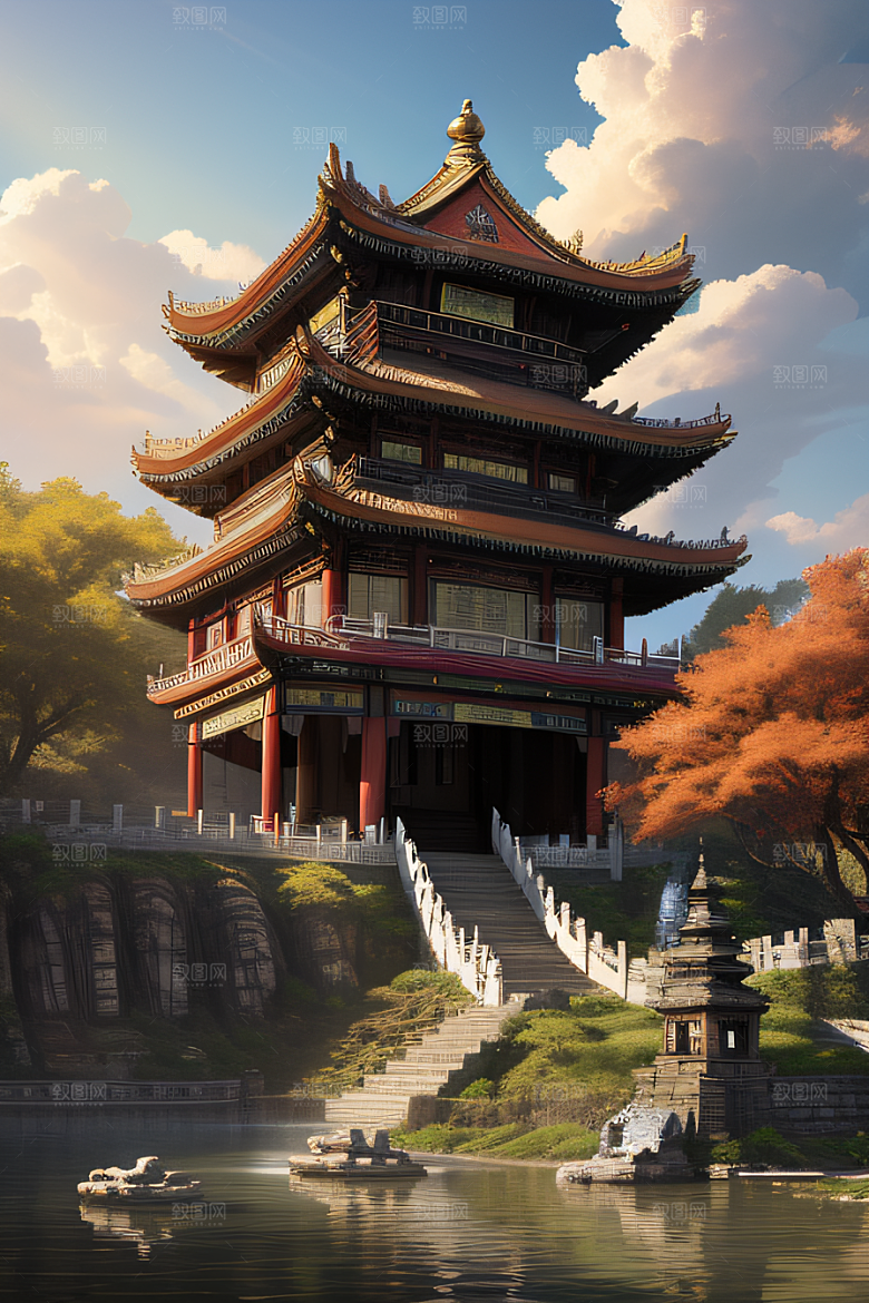 梦幻般的秋日古村景观