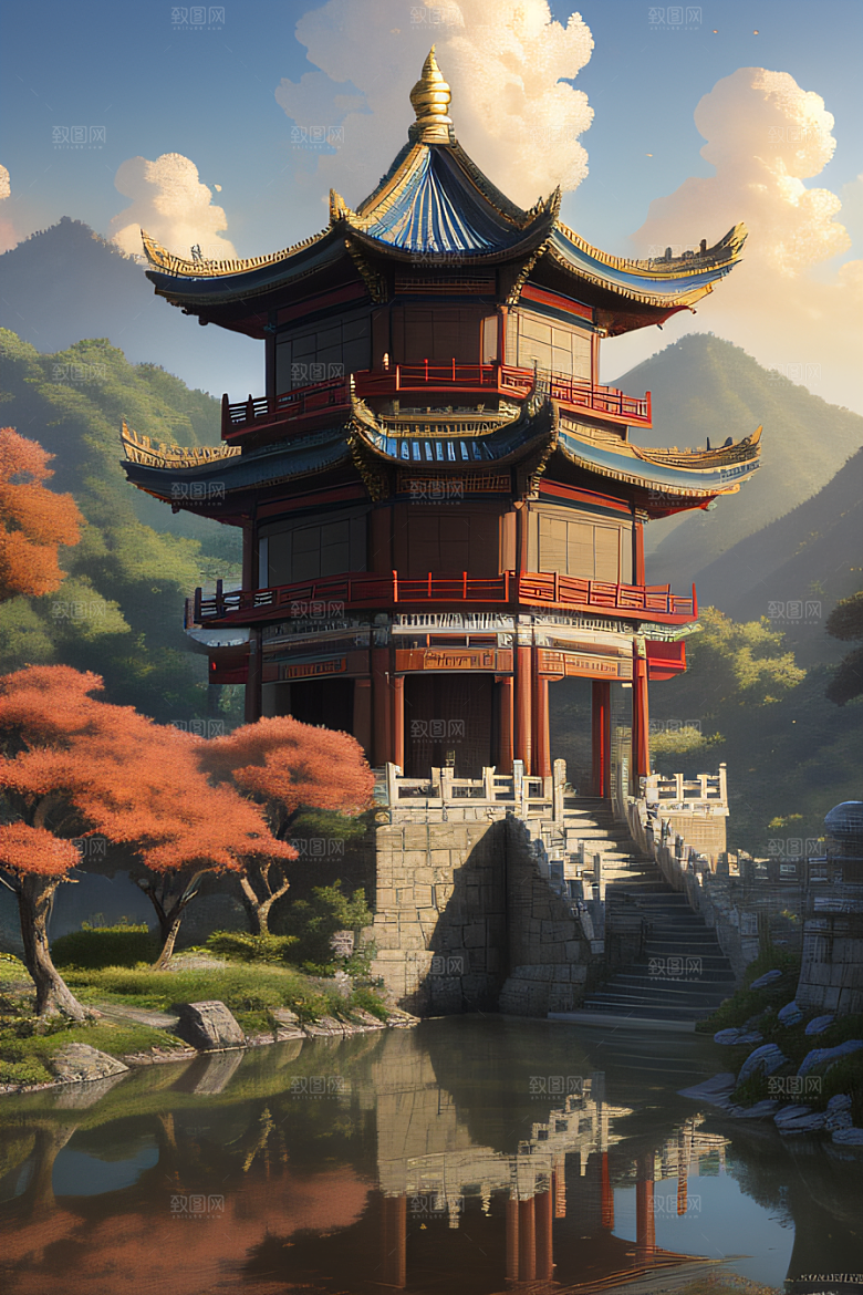 梦幻般的秋日古村景观