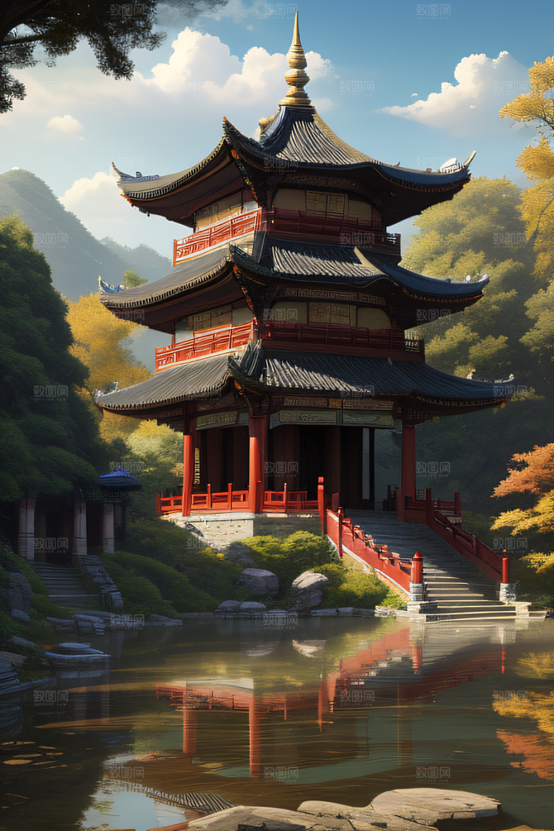 梦幻般的秋日古村景观