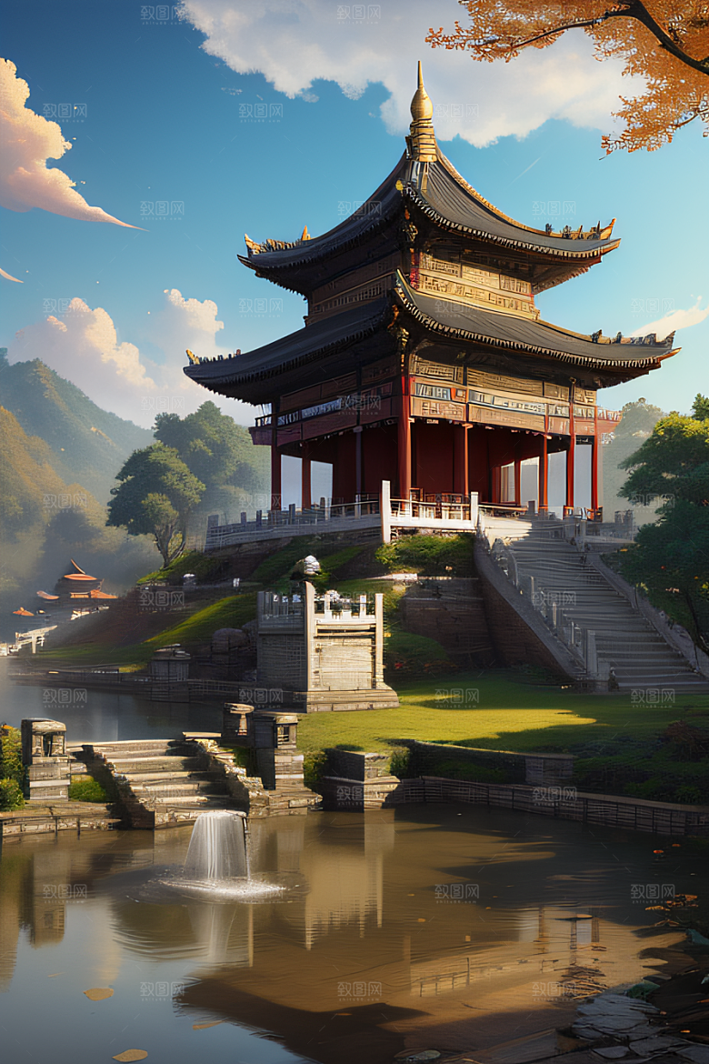 梦幻般的秋日古村景观
