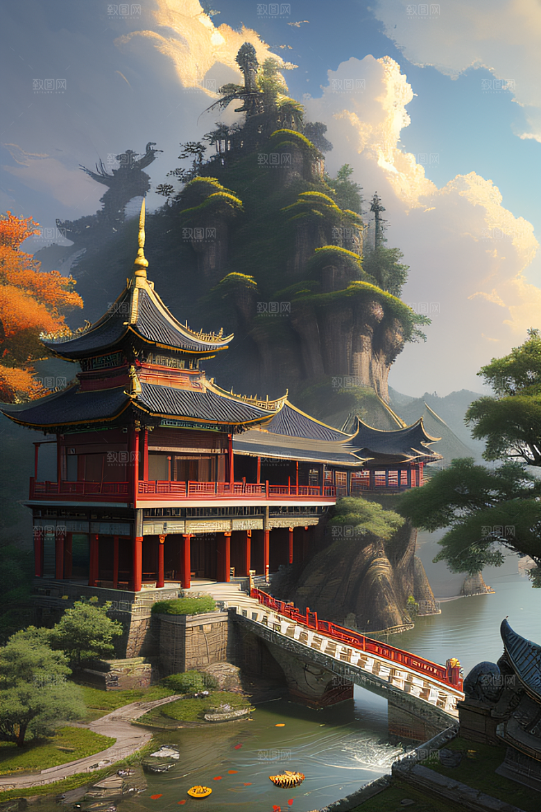 梦幻般的秋日古村景观
