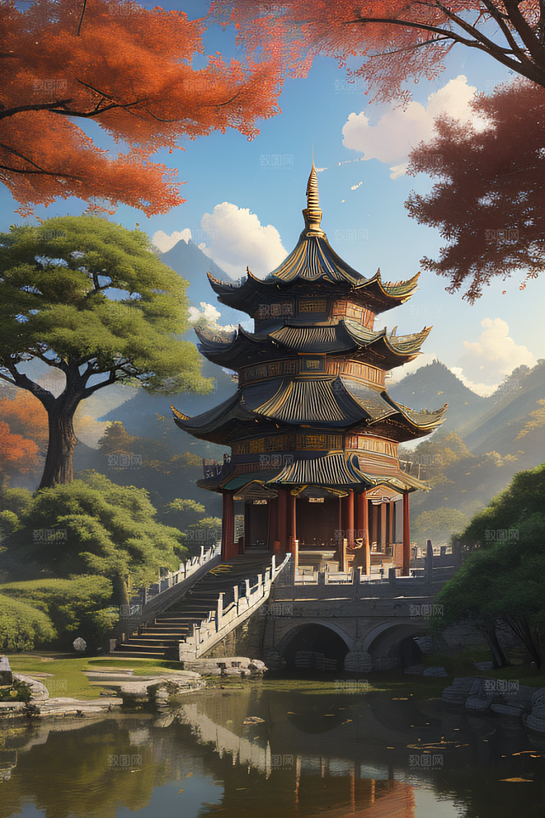 梦幻般的秋日古村景观