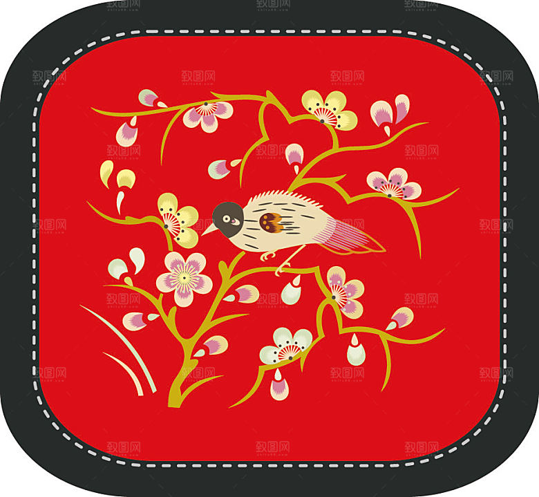 中国风矢量刺绣花鸟装饰图模板