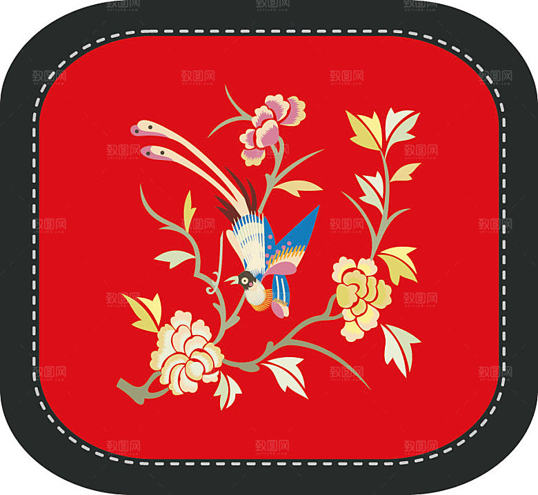 中国风矢量刺绣花鸟装饰图模板