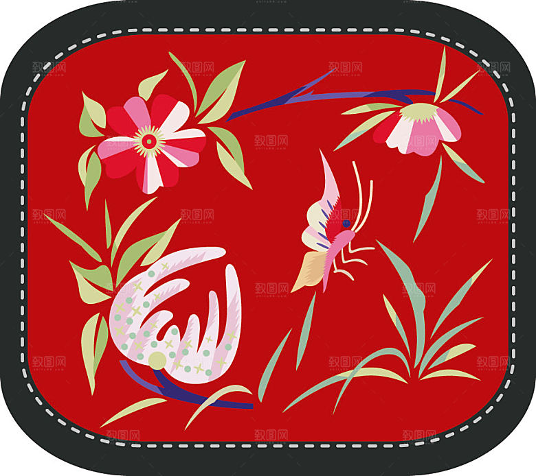 中国风矢量刺绣花鸟装饰图模板