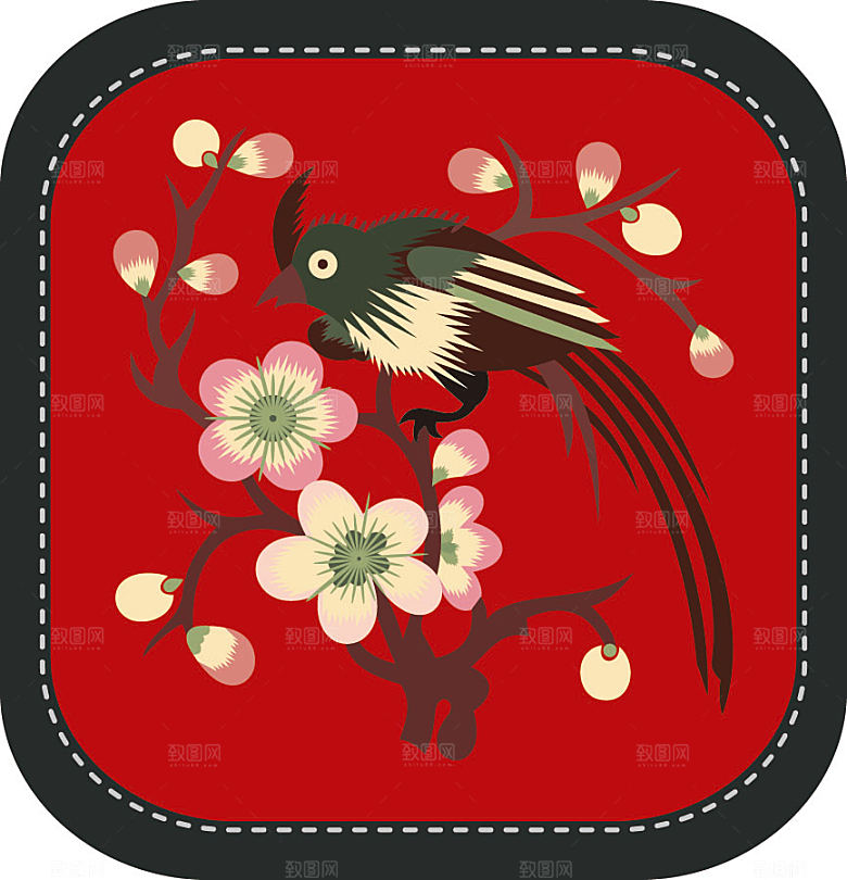 中国风矢量刺绣花鸟装饰图模板