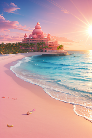 金色阳光照耀粉红沙滩