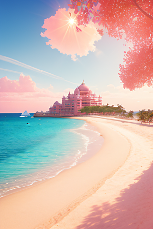金色阳光映照粉红沙滩