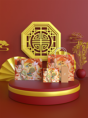 中国风中秋月饼礼盒包装样机