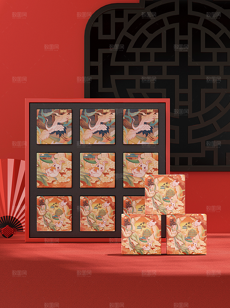 中国风中秋月饼礼盒包装样机