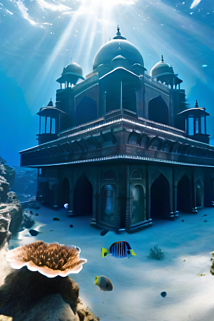 珊瑚海底世界泰姬陵宫殿的壮丽环绕