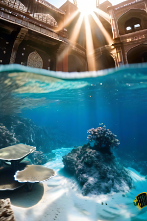 潜入海底的泰姬陵洞穴珊瑚和潜水员的环绕
